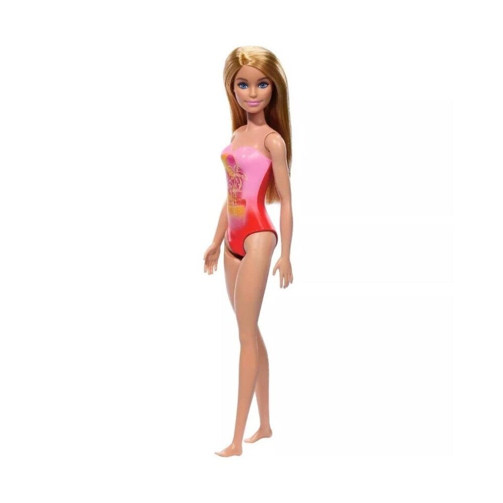 Barbie 12.7" Beach Doll Blond Hair/Blue Eyes Pink Palm Tree Print Swimsuit